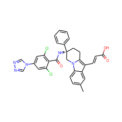 Cc1ccc2c(c1)c(/C=C/C(=O)O)c1n2C[C@@](NC(=O)c2c(Cl)cc(-n3cnnc3)cc2Cl)(c2ccccc2)CC1 ZINC000473153685