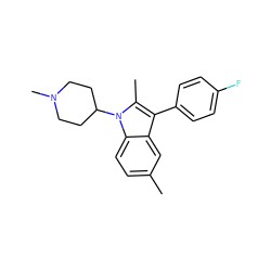 Cc1ccc2c(c1)c(-c1ccc(F)cc1)c(C)n2C1CCN(C)CC1 ZINC000000015635