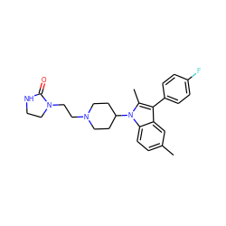 Cc1ccc2c(c1)c(-c1ccc(F)cc1)c(C)n2C1CCN(CCN2CCNC2=O)CC1 ZINC000000604455