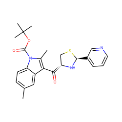 Cc1ccc2c(c1)c(C(=O)[C@@H]1CS[C@@H](c3cccnc3)N1)c(C)n2C(=O)OC(C)(C)C ZINC000013737557