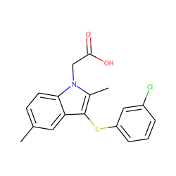 Cc1ccc2c(c1)c(Sc1cccc(Cl)c1)c(C)n2CC(=O)O ZINC000038792630