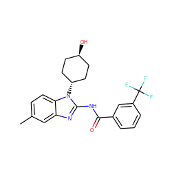 Cc1ccc2c(c1)nc(NC(=O)c1cccc(C(F)(F)F)c1)n2[C@H]1CC[C@H](O)CC1 ZINC001772585600