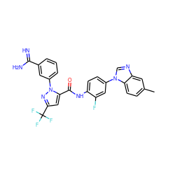 Cc1ccc2c(c1)ncn2-c1ccc(NC(=O)c2cc(C(F)(F)F)nn2-c2cccc(C(=N)N)c2)c(F)c1 ZINC000014950673