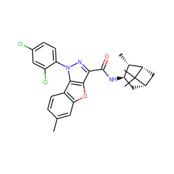 Cc1ccc2c(c1)oc1c(C(=O)N[C@@H]3C[C@H]4C[C@@H]([C@H]3C)C4(C)C)nn(-c3ccc(Cl)cc3Cl)c12 ZINC000169348771