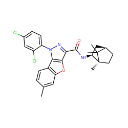 Cc1ccc2c(c1)oc1c(C(=O)N[C@H]3C[C@H]4CC[C@]3(C)C4(C)C)nn(-c3ccc(Cl)cc3Cl)c12 ZINC000169348775