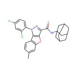 Cc1ccc2c(c1)oc1c(C(=O)NC34CC5CC(CC(C5)C3)C4)nn(-c3ccc(Cl)cc3Cl)c12 ZINC000140256078