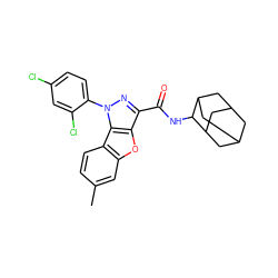 Cc1ccc2c(c1)oc1c(C(=O)NC3C4CC5CC(C4)CC3C5)nn(-c3ccc(Cl)cc3Cl)c12 ZINC000140536464