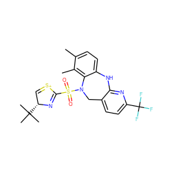 Cc1ccc2c(c1C)N(S(=O)(=O)C1=N[C@H](C(C)(C)C)C=[S+]1)Cc1ccc(C(F)(F)F)nc1N2 ZINC000095576873