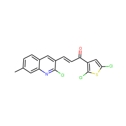 Cc1ccc2cc(/C=C/C(=O)c3cc(Cl)sc3Cl)c(Cl)nc2c1 ZINC000073240362