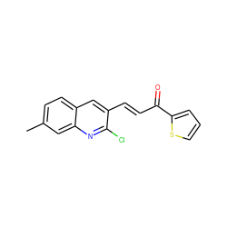 Cc1ccc2cc(/C=C/C(=O)c3cccs3)c(Cl)nc2c1 ZINC000004086330