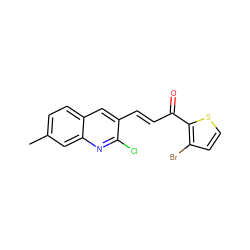 Cc1ccc2cc(/C=C/C(=O)c3sccc3Br)c(Cl)nc2c1 ZINC000073221354