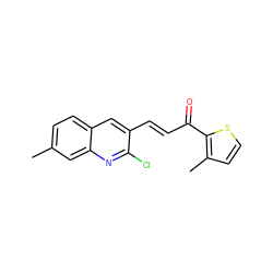 Cc1ccc2cc(/C=C/C(=O)c3sccc3C)c(Cl)nc2c1 ZINC000073225041