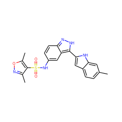 Cc1ccc2cc(-c3[nH]nc4ccc(NS(=O)(=O)c5c(C)noc5C)cc34)[nH]c2c1 ZINC000066066345