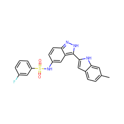 Cc1ccc2cc(-c3[nH]nc4ccc(NS(=O)(=O)c5cccc(F)c5)cc34)[nH]c2c1 ZINC000066138503