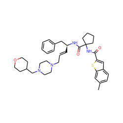 Cc1ccc2cc(C(=O)NC3(C(=O)N[C@@H](/C=C/CN4CCN(CC5CCOCC5)CC4)Cc4ccccc4)CCCC3)sc2c1 ZINC000049793303