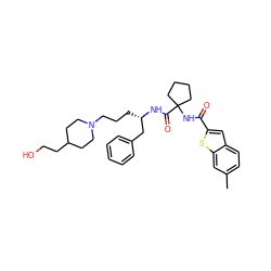 Cc1ccc2cc(C(=O)NC3(C(=O)N[C@@H](CCCN4CCC(CCO)CC4)Cc4ccccc4)CCCC3)sc2c1 ZINC000049793301