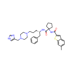 Cc1ccc2cc(C(=O)NC3(C(=O)N[C@@H](CCCN4CCN(Cc5c[nH]cn5)CC4)Cc4ccccc4)CCCC3)sc2c1 ZINC000049774658