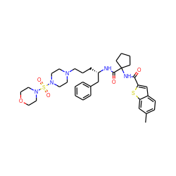 Cc1ccc2cc(C(=O)NC3(C(=O)N[C@@H](CCCN4CCN(S(=O)(=O)N5CCOCC5)CC4)Cc4ccccc4)CCCC3)sc2c1 ZINC000049775796