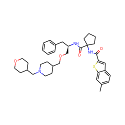 Cc1ccc2cc(C(=O)NC3(C(=O)N[C@@H](COCC4CCN(CC5CCOCC5)CC4)Cc4ccccc4)CCCC3)sc2c1 ZINC000049776983