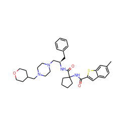 Cc1ccc2cc(C(=O)NC3(C(=O)N[C@H](Cc4ccccc4)CN4CCN(CC5CCOCC5)CC4)CCCC3)sc2c1 ZINC000049793302