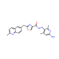 Cc1ccc2cc(Cc3nc(C(=O)NCc4c(C)cc(N)nc4C)co3)ccc2n1 ZINC000114078646