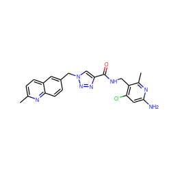 Cc1ccc2cc(Cn3cc(C(=O)NCc4c(Cl)cc(N)nc4C)nn3)ccc2n1 ZINC000114078912