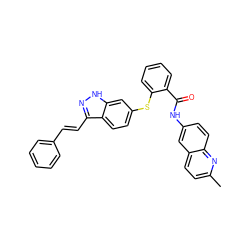 Cc1ccc2cc(NC(=O)c3ccccc3Sc3ccc4c(/C=C/c5ccccc5)n[nH]c4c3)ccc2n1 ZINC000003927810