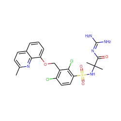 Cc1ccc2cccc(OCc3c(Cl)ccc(S(=O)(=O)NC(C)(C)C(=O)N=C(N)N)c3Cl)c2n1 ZINC000044031793