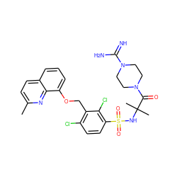 Cc1ccc2cccc(OCc3c(Cl)ccc(S(=O)(=O)NC(C)(C)C(=O)N4CCN(C(=N)N)CC4)c3Cl)c2n1 ZINC000044032013