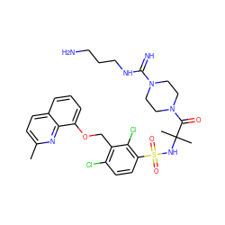 Cc1ccc2cccc(OCc3c(Cl)ccc(S(=O)(=O)NC(C)(C)C(=O)N4CCN(C(=N)NCCCN)CC4)c3Cl)c2n1 ZINC000049938147