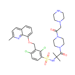 Cc1ccc2cccc(OCc3c(Cl)ccc(S(=O)(=O)NC(C)(C)C(=O)N4CCN(C(=O)CN5CCNCC5)CC4)c3Cl)c2n1 ZINC000049938256