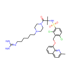 Cc1ccc2cccc(OCc3c(Cl)ccc(S(=O)(=O)NC(C)(C)C(=O)N4CCN(CCCCCCN=C(N)N)CC4)c3Cl)c2n1 ZINC000049938138