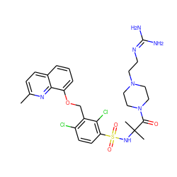 Cc1ccc2cccc(OCc3c(Cl)ccc(S(=O)(=O)NC(C)(C)C(=O)N4CCN(CCN=C(N)N)CC4)c3Cl)c2n1 ZINC000049938392