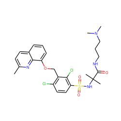 Cc1ccc2cccc(OCc3c(Cl)ccc(S(=O)(=O)NC(C)(C)C(=O)NCCCN(C)C)c3Cl)c2n1 ZINC000043524090