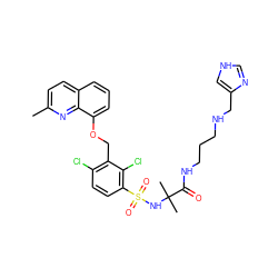 Cc1ccc2cccc(OCc3c(Cl)ccc(S(=O)(=O)NC(C)(C)C(=O)NCCCNCc4c[nH]cn4)c3Cl)c2n1 ZINC000044221744