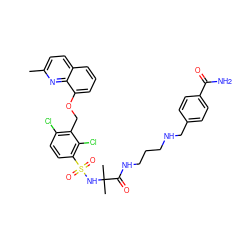 Cc1ccc2cccc(OCc3c(Cl)ccc(S(=O)(=O)NC(C)(C)C(=O)NCCCNCc4ccc(C(N)=O)cc4)c3Cl)c2n1 ZINC000049938393