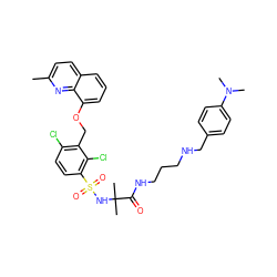 Cc1ccc2cccc(OCc3c(Cl)ccc(S(=O)(=O)NC(C)(C)C(=O)NCCCNCc4ccc(N(C)C)cc4)c3Cl)c2n1 ZINC000049938051