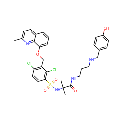 Cc1ccc2cccc(OCc3c(Cl)ccc(S(=O)(=O)NC(C)(C)C(=O)NCCCNCc4ccc(O)cc4)c3Cl)c2n1 ZINC000049778383