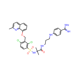 Cc1ccc2cccc(OCc3c(Cl)ccc(S(=O)(=O)NC(C)(C)C(=O)NCCCNc4ccc(C(=N)N)cc4)c3Cl)c2n1 ZINC000049938271