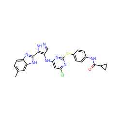 Cc1ccc2nc(-c3[nH]ncc3Nc3cc(Cl)nc(Sc4ccc(NC(=O)C5CC5)cc4)n3)[nH]c2c1 ZINC000096271635