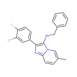 Cc1ccc2nc(-c3ccc(F)c(Cl)c3)c(NCc3ccccc3)n2c1 ZINC001772592171