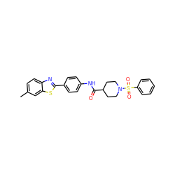 Cc1ccc2nc(-c3ccc(NC(=O)C4CCN(S(=O)(=O)c5ccccc5)CC4)cc3)sc2c1 ZINC000040875483