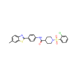 Cc1ccc2nc(-c3ccc(NC(=O)C4CCN(S(=O)(=O)c5ccccc5Cl)CC4)cc3)sc2c1 ZINC000044406407