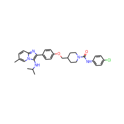 Cc1ccc2nc(-c3ccc(OCC4CCN(C(=O)Nc5ccc(Cl)cc5)CC4)cc3)c(NC(C)C)n2c1 ZINC000095589944