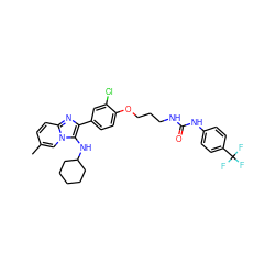 Cc1ccc2nc(-c3ccc(OCCCNC(=O)Nc4ccc(C(F)(F)F)cc4)c(Cl)c3)c(NC3CCCCC3)n2c1 ZINC000095589126