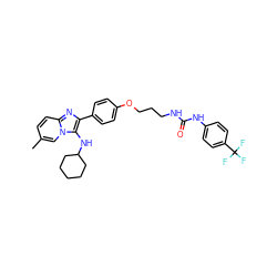 Cc1ccc2nc(-c3ccc(OCCCNC(=O)Nc4ccc(C(F)(F)F)cc4)cc3)c(NC3CCCCC3)n2c1 ZINC000095590955