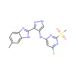 Cc1ccc2nc(-c3n[nH]cc3Nc3cc(Cl)nc(S(C)(=O)=O)n3)[nH]c2c1 ZINC000096271624