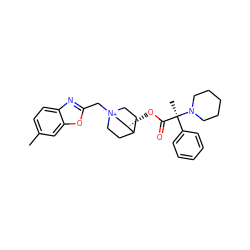 Cc1ccc2nc(C[N+]34CCC(CC3)[C@@H](OC(=O)[C@](C)(c3ccccc3)N3CCCCC3)C4)oc2c1 ZINC000068197056