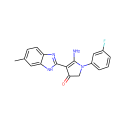 Cc1ccc2nc(C3=C(N)N(c4cccc(F)c4)CC3=O)[nH]c2c1 ZINC000005182838