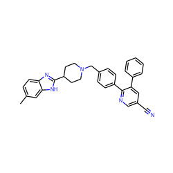 Cc1ccc2nc(C3CCN(Cc4ccc(-c5ncc(C#N)cc5-c5ccccc5)cc4)CC3)[nH]c2c1 ZINC000014957974